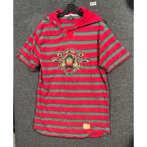 Akoo Hoodie Mens Size 3XL Red Green Striped Short Sleeve Crest Y2K Lightweight
